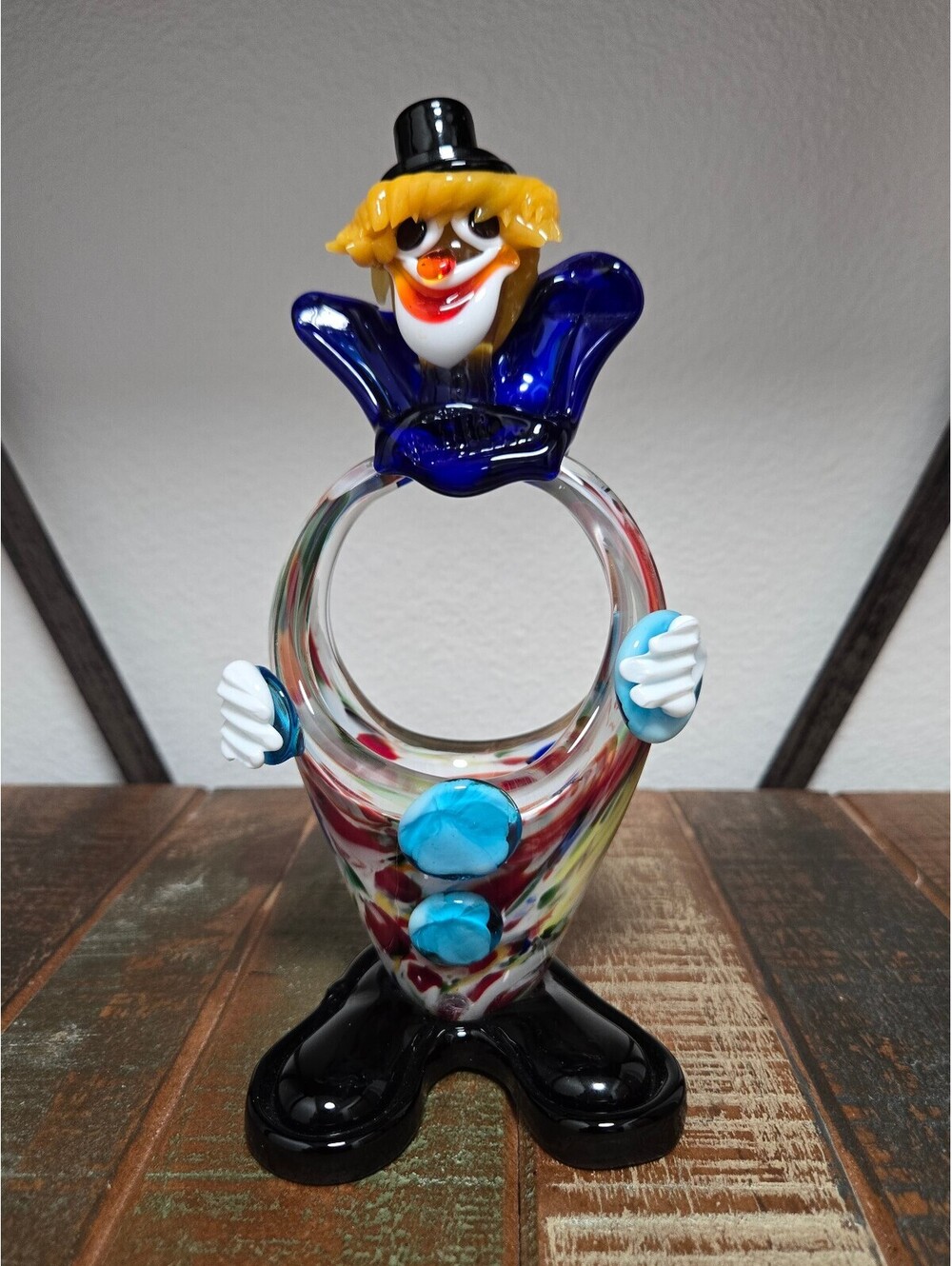 Vintage Murano Style Art Glass Clown Figurine Ring Torso Millefiori Splashes 8"